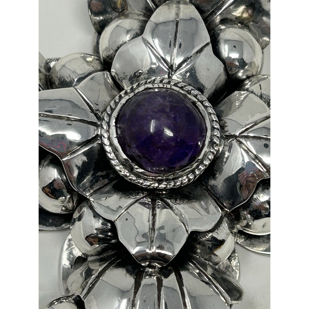Vintage Mexican 925 Sterling Silver Amethyst Cross Pendant 62g Pre 1948 - Picture 12 of 16